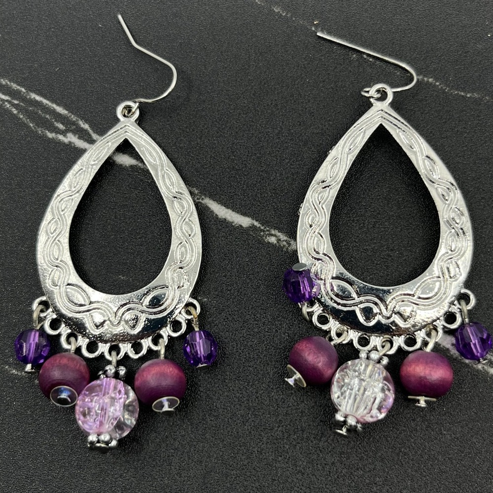 Bulk Wearable Jewelry Lot - 49 Pairs of Teardrop Silver Tone Purple Bead Earring